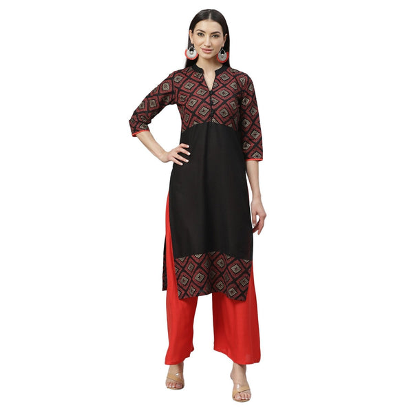 Women's Multicolor Cotton Printed 3/4 Sleeve Mandrin Neck Casual Kurta Only - Myshka