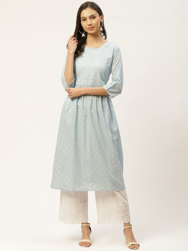 Women's Blue & White Polka Dot Hand Printed A-Line Pleated Cotton Kurta with Palazzos - Maaesa