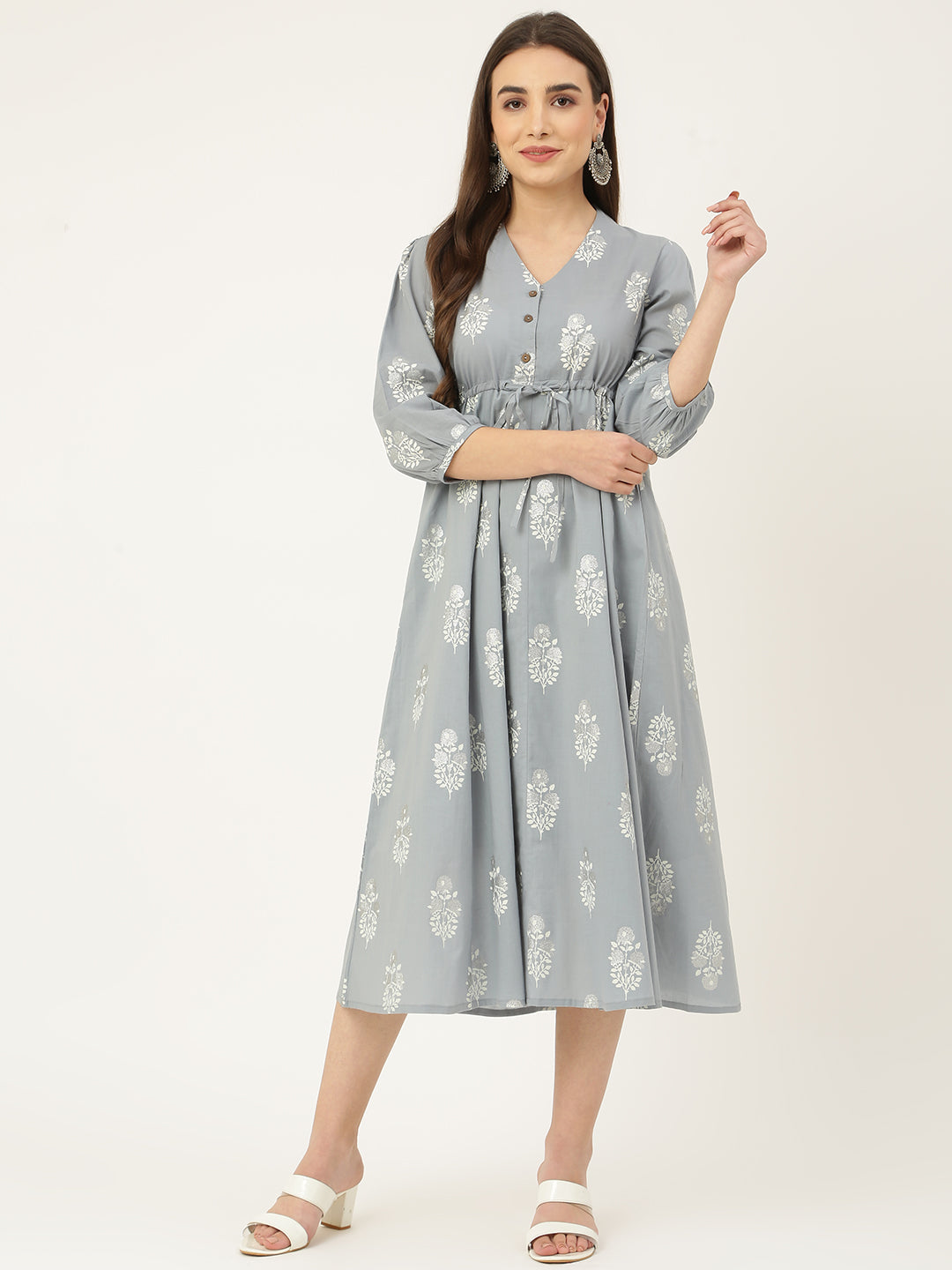 Women's Grey  Cotton Fit And Flare Dress - Deckedup