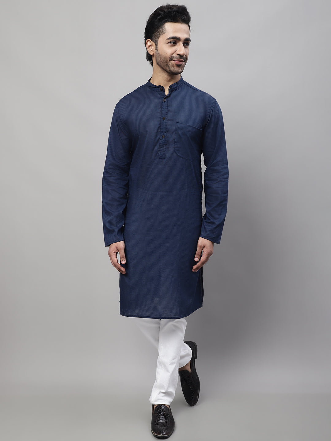 Men's Blue Pure Cotton Kurta With Band Collar - Even Apparels