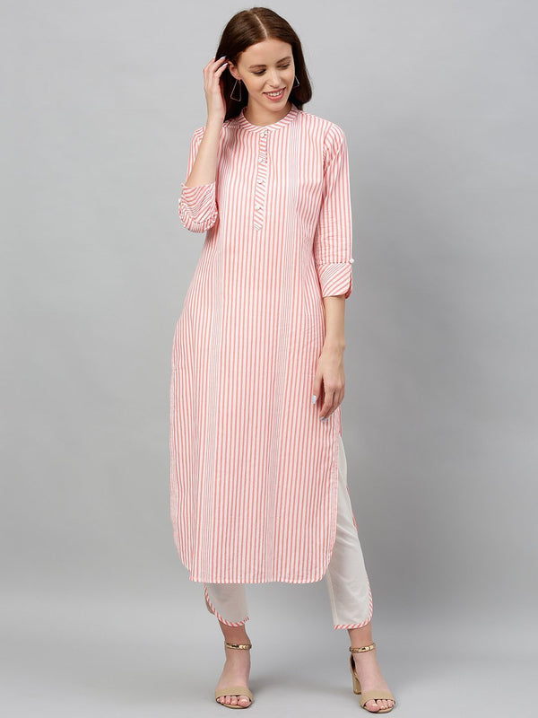 Women's Peach-Coloured & White Printed Kurta With Trousers - Kipek