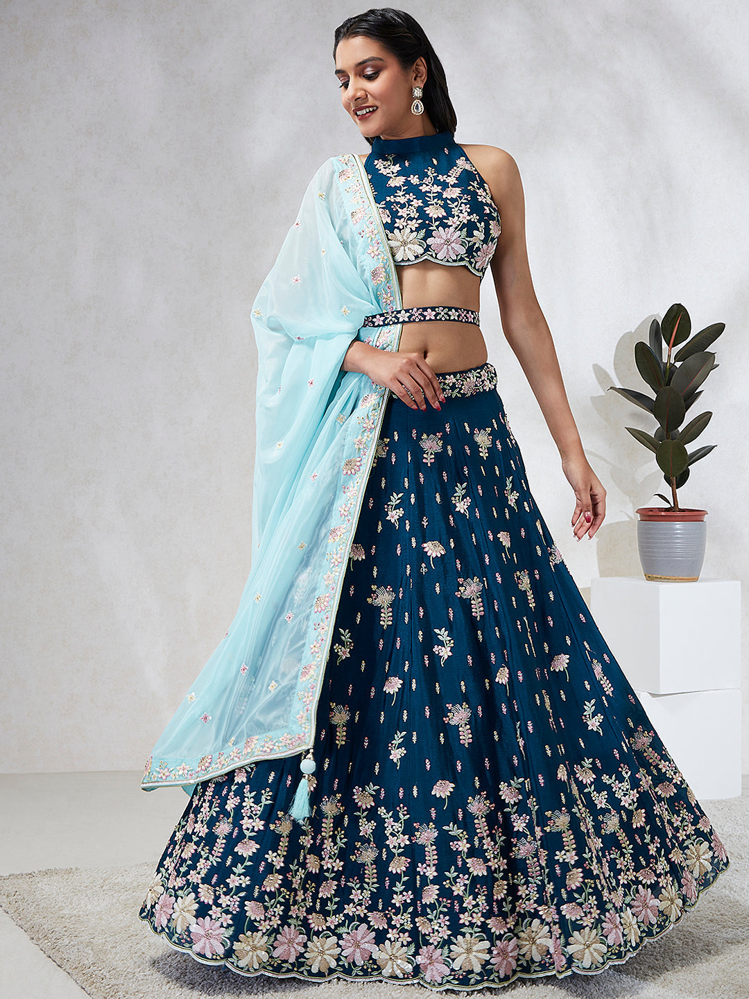 Women's Blue Pure Georgette Sequins And Thread Embroidery  Lehenga Choli & Dupatta - Royal Dwells