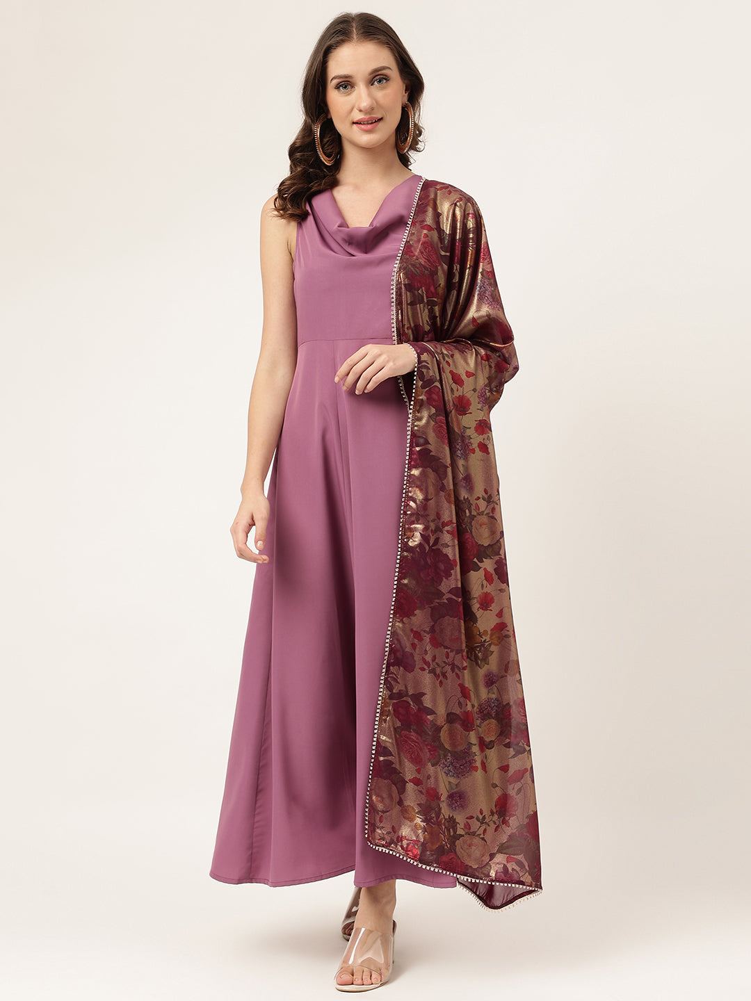 Women's Lavender Poly Crepe Flared Kurta With Dupatta - Fiorra