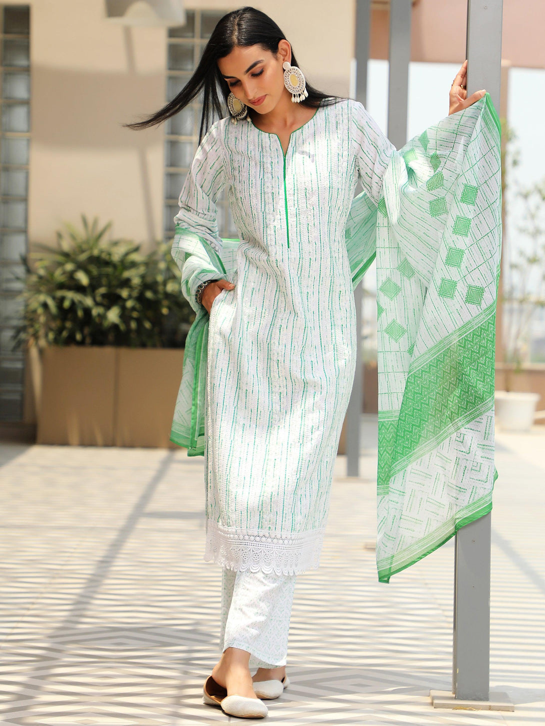 Off White Embroidered Cotton Blend Straight Suit With Dupatta - Jashvi