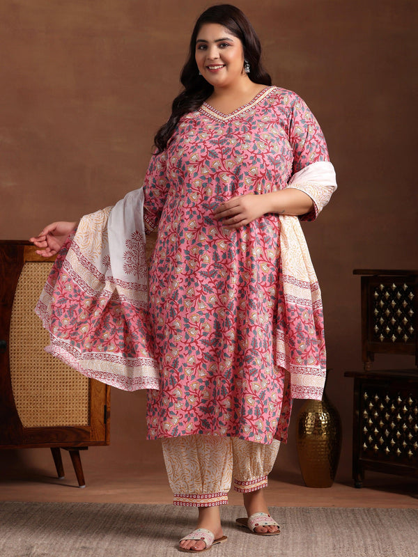 Plus Size Pink Printed Cotton Straight Suit With Dupatta