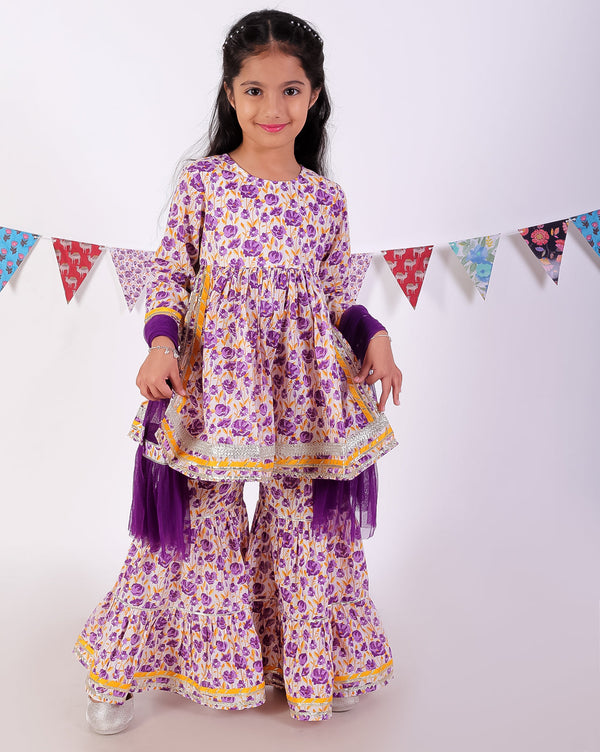 Girl's Lavender Cotton Jaipuri Print Kurta Sharara With Dupata Set - Lil Drama