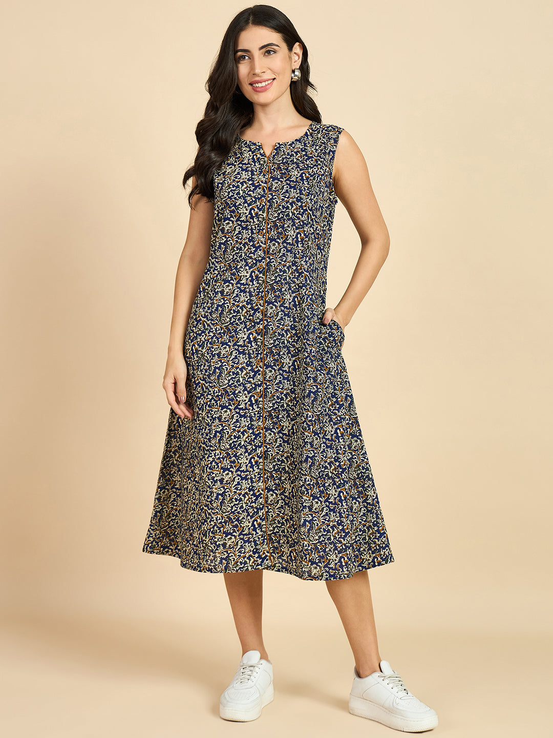 Women's Blue Cotton Floral Printed A Line Dress - Azira