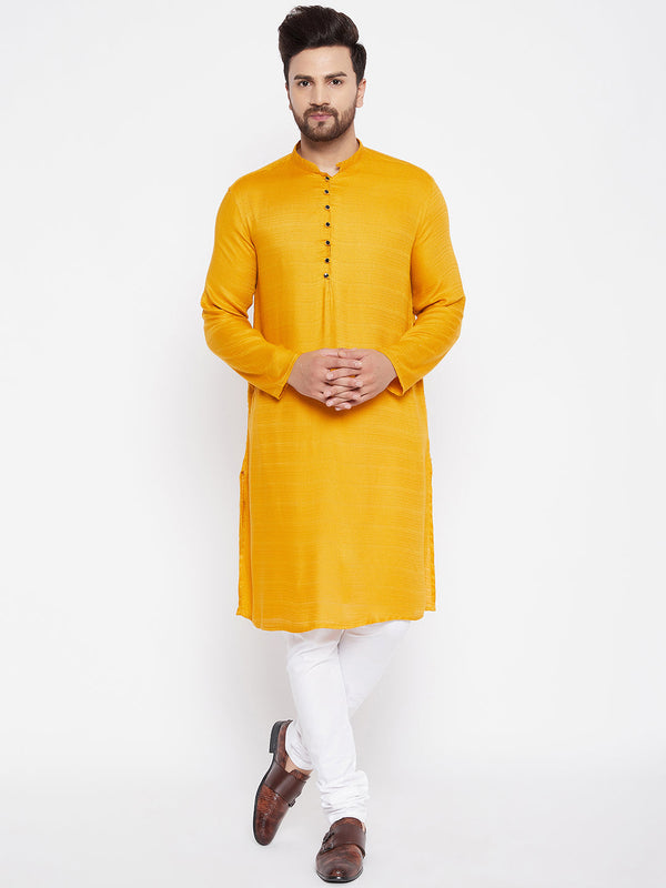 Men's Woven Design Yellow Straight Kurta - Even Apparels