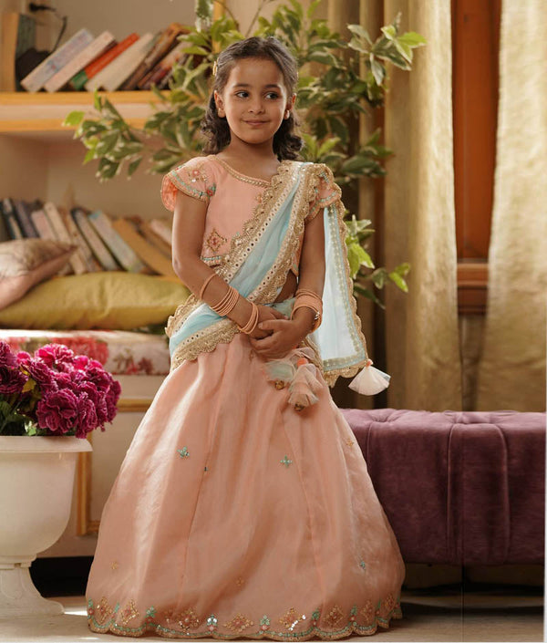 Girl's Peach Embroidery Organza Lehenga Choli And Blue Dupatta - Fayon Kids