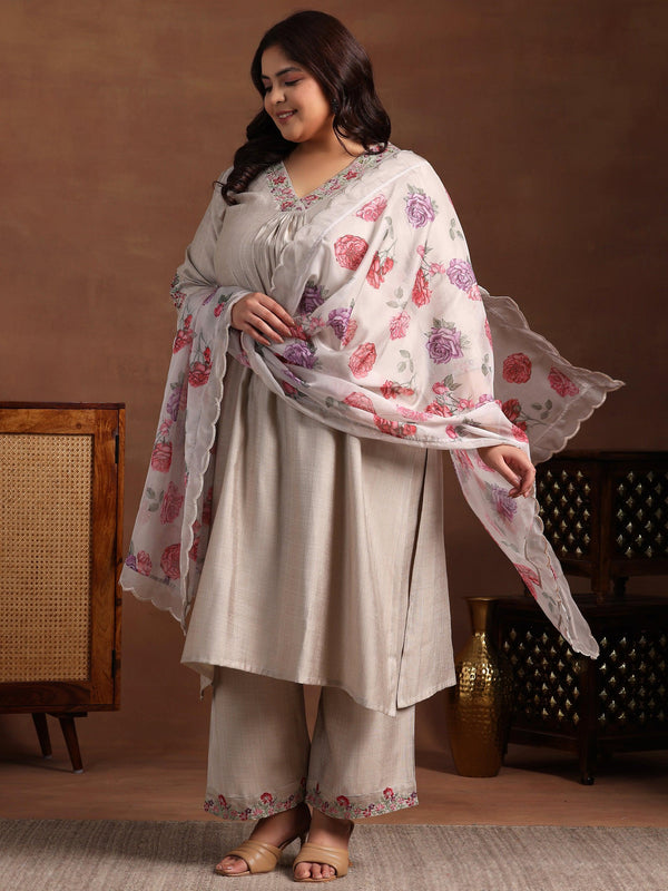 Plus Size Beige Yoke Design Silk Blend Straight Suit With Dupatta