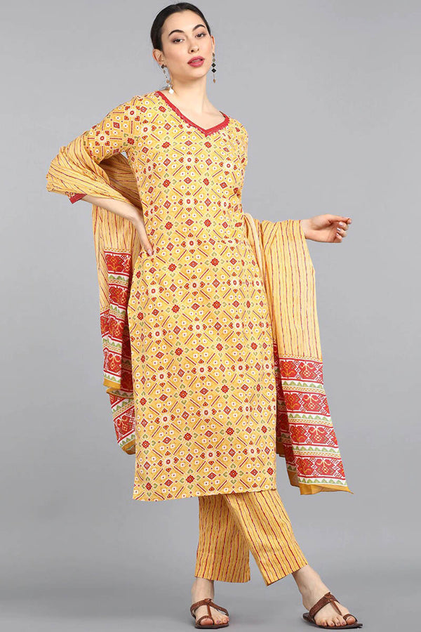 Women's Yellow Pink Ethnic Motifs Printed Pure Cotton Kurta With Pants Dupatta - Ahika