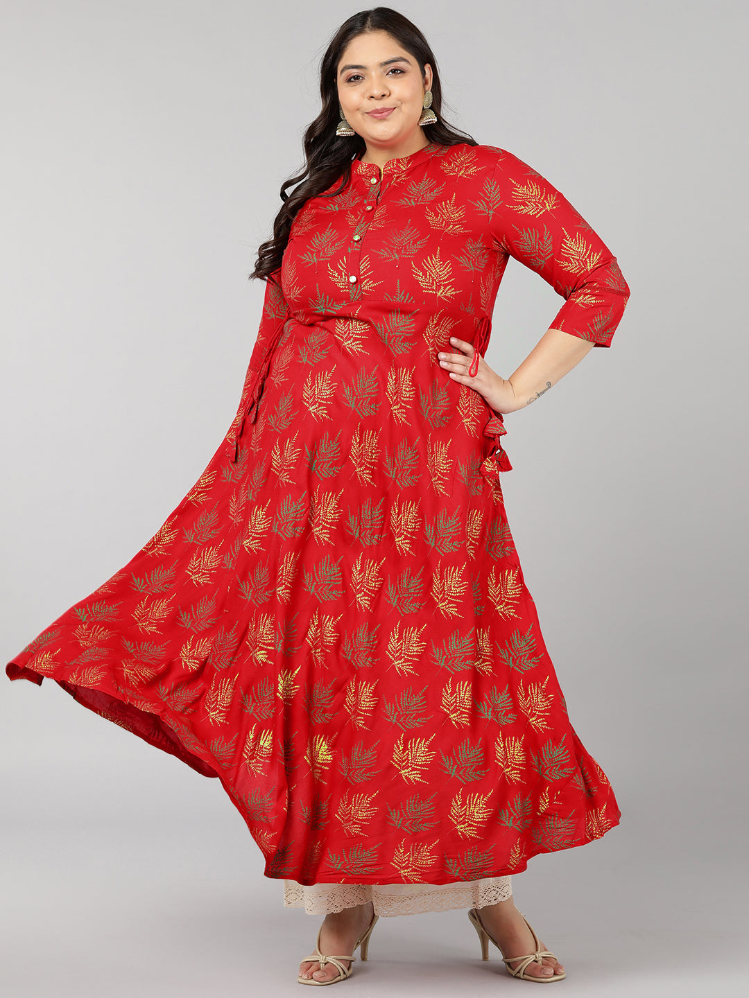 Women's Rayon Block Print Anarkali Kurta (Red) - Kipek