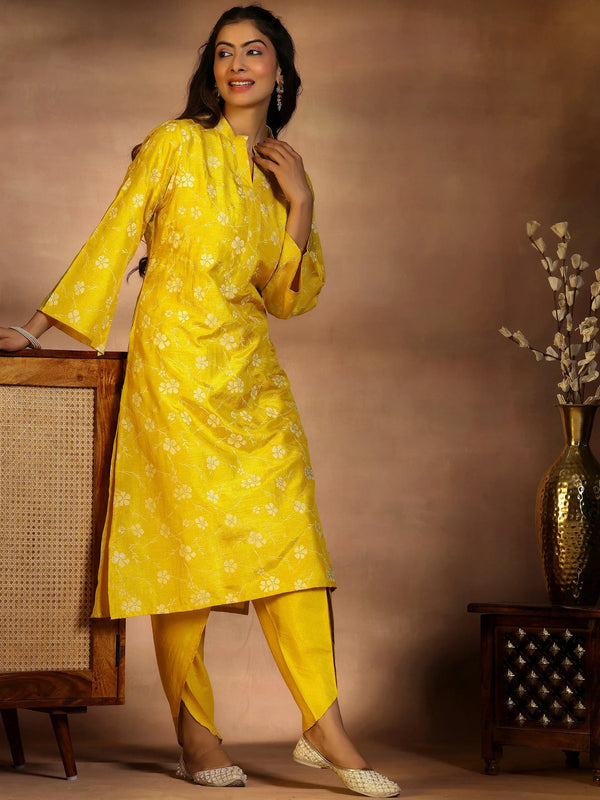 Mustard Printed Silk Blend Straight Kurta Set