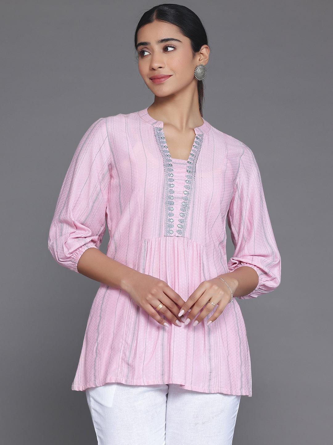 Pink Woven Design Cotton Blend Straight Kurti - Jashvi