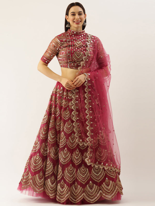 Women's Rosegold Net Embroidered Mirror Lehenga & Blouse With Dupatta - Royal Dwells