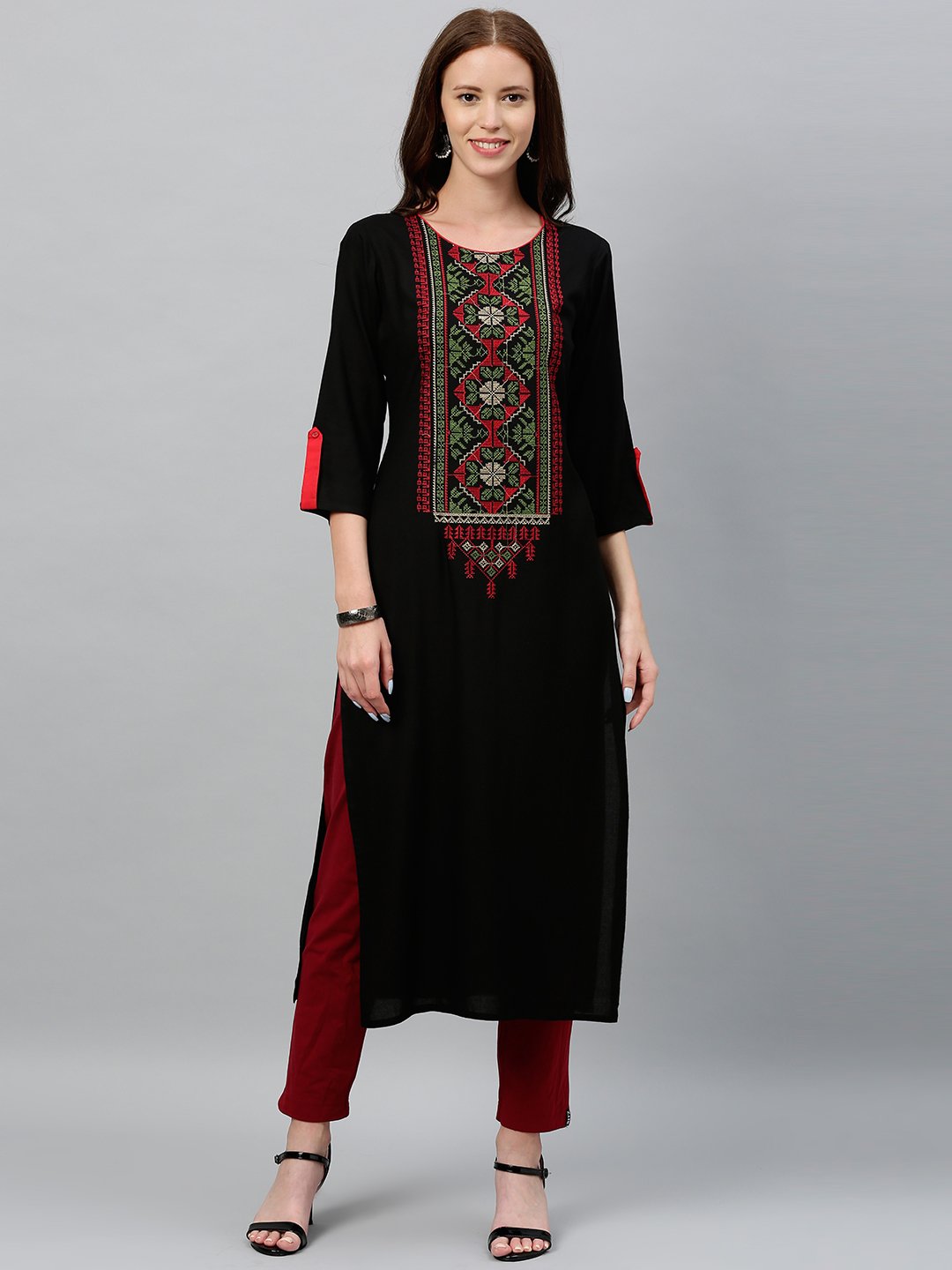 Women's Solid Printed Embroidered Rayon Slub Fabric Straight Kurta - Kipek