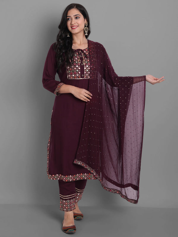 Women's Embroidred Kurta Pant And Dupatta Set (Maroon) - Noz2Toz