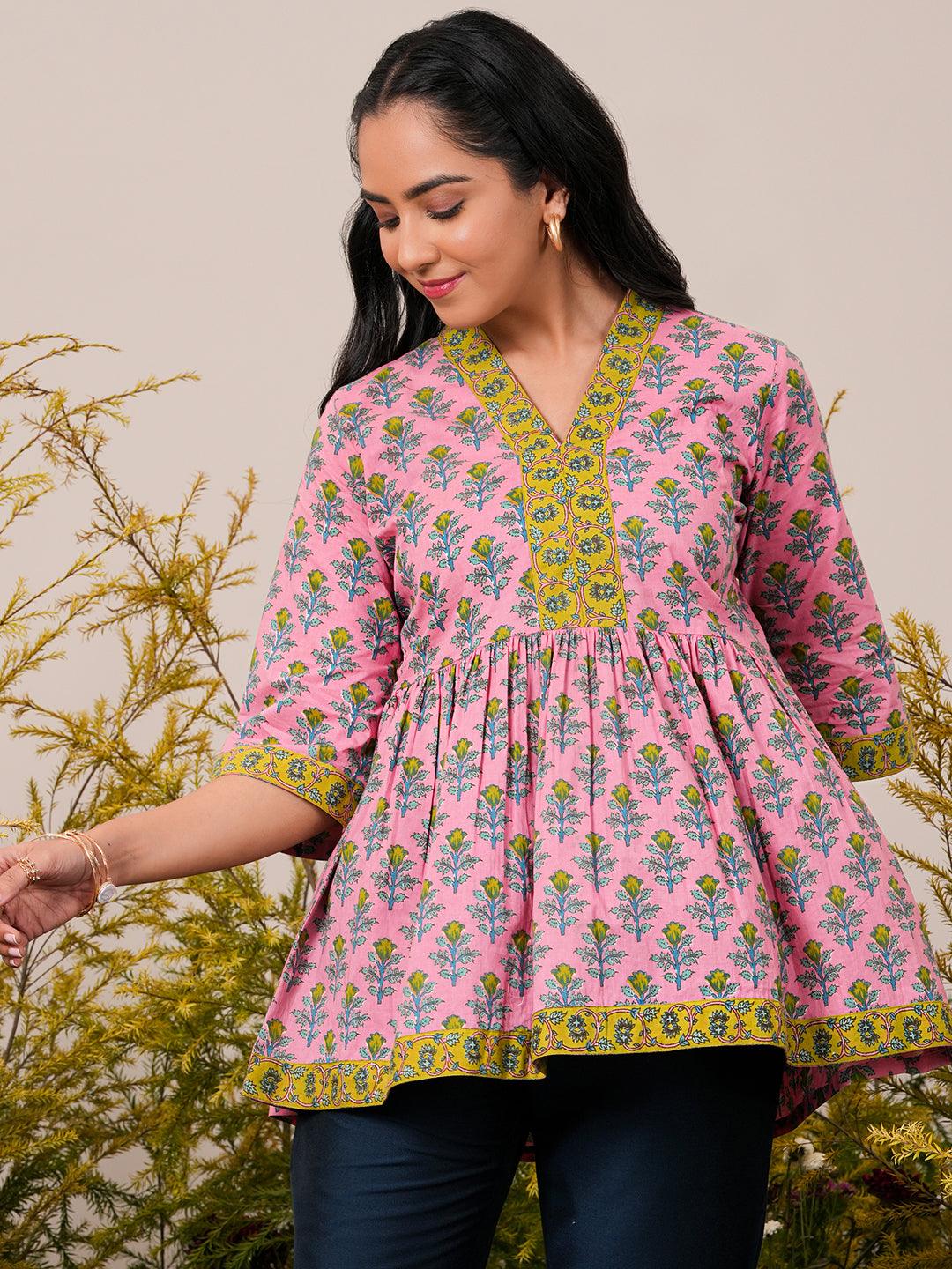 Pink Printed Cotton A-Line Kurti - Jashvi