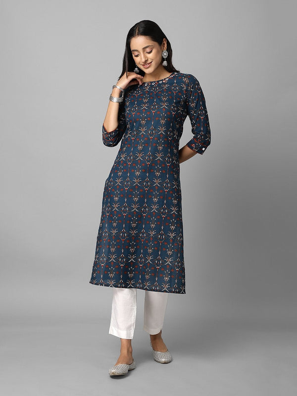 Women's Dark Blue And Rust Ethnic Printed Side Slit Straight Kurta Having Mirror Work On Neck - Azira