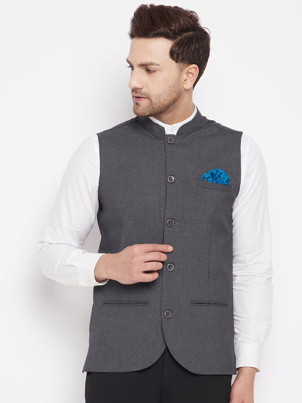 Men's Grey Color Nehru Jacket-Contrast Lining-Free Pocket Square - Even Apparels