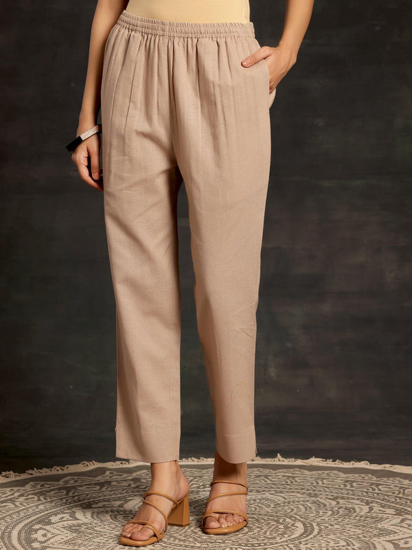 Beige Solid Cotton Straight Fit Trousers - Jashvi