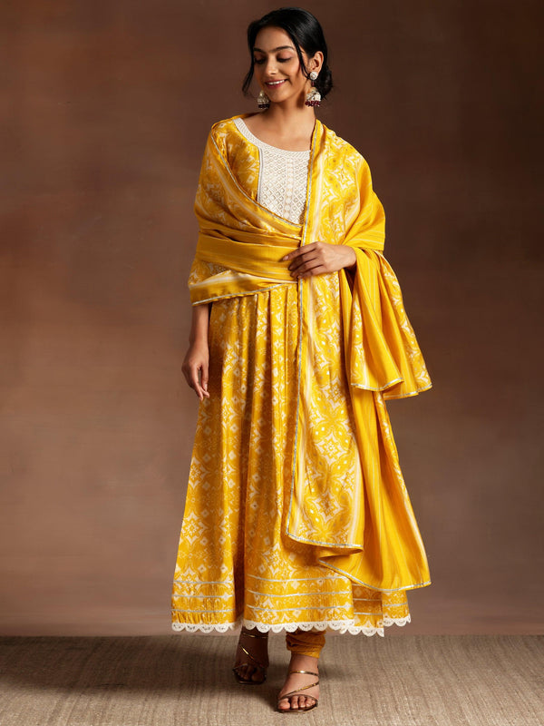 Mustard Printed Silk Blend Anarkali Suit With Dupatta - Jashvi