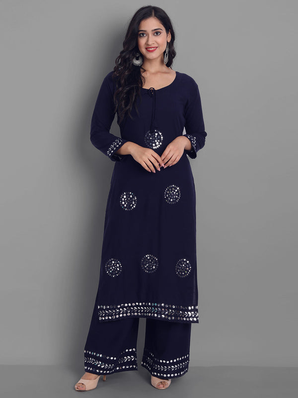 Women's Embroidred Kurta Pant Set (Navy Blue) - Noz2Toz