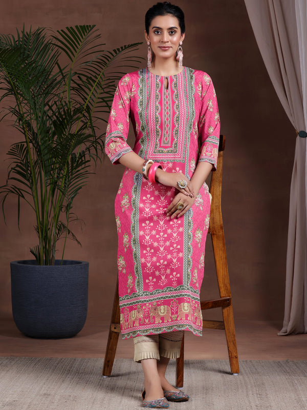 Peach Printed Crepe Straight Kurta