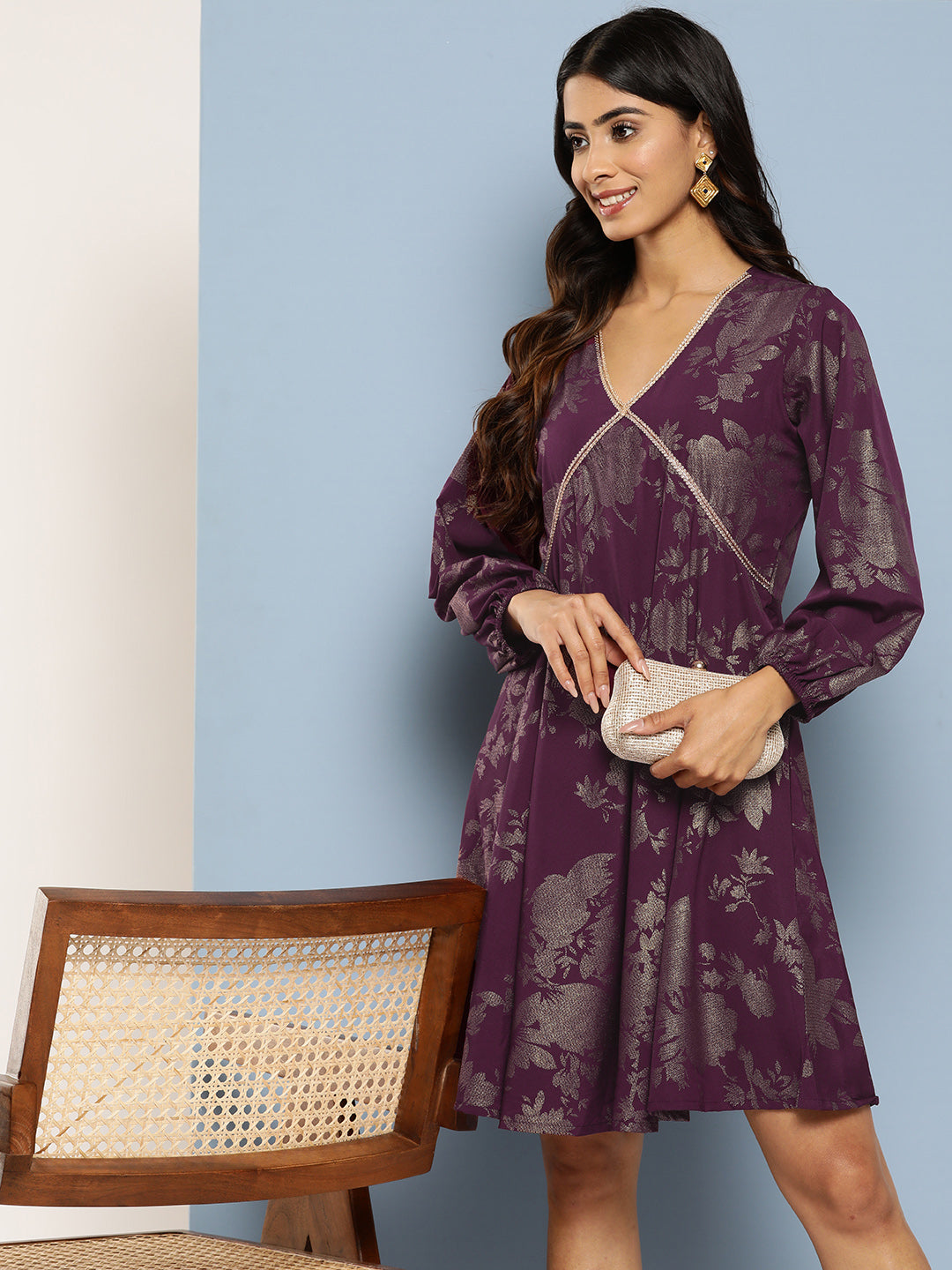 Women's Floral Print Puff Sleeves Empire Crepe Ethnic Dress - Ahalyaa