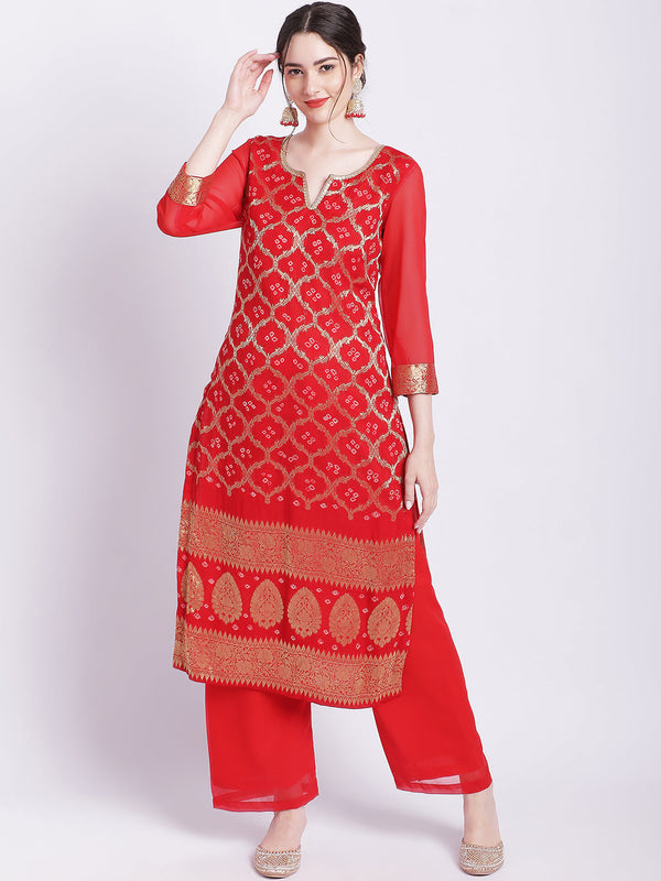 Women's Red Bandhej Bridal Kurti With Straight Palazzo - Anokherang