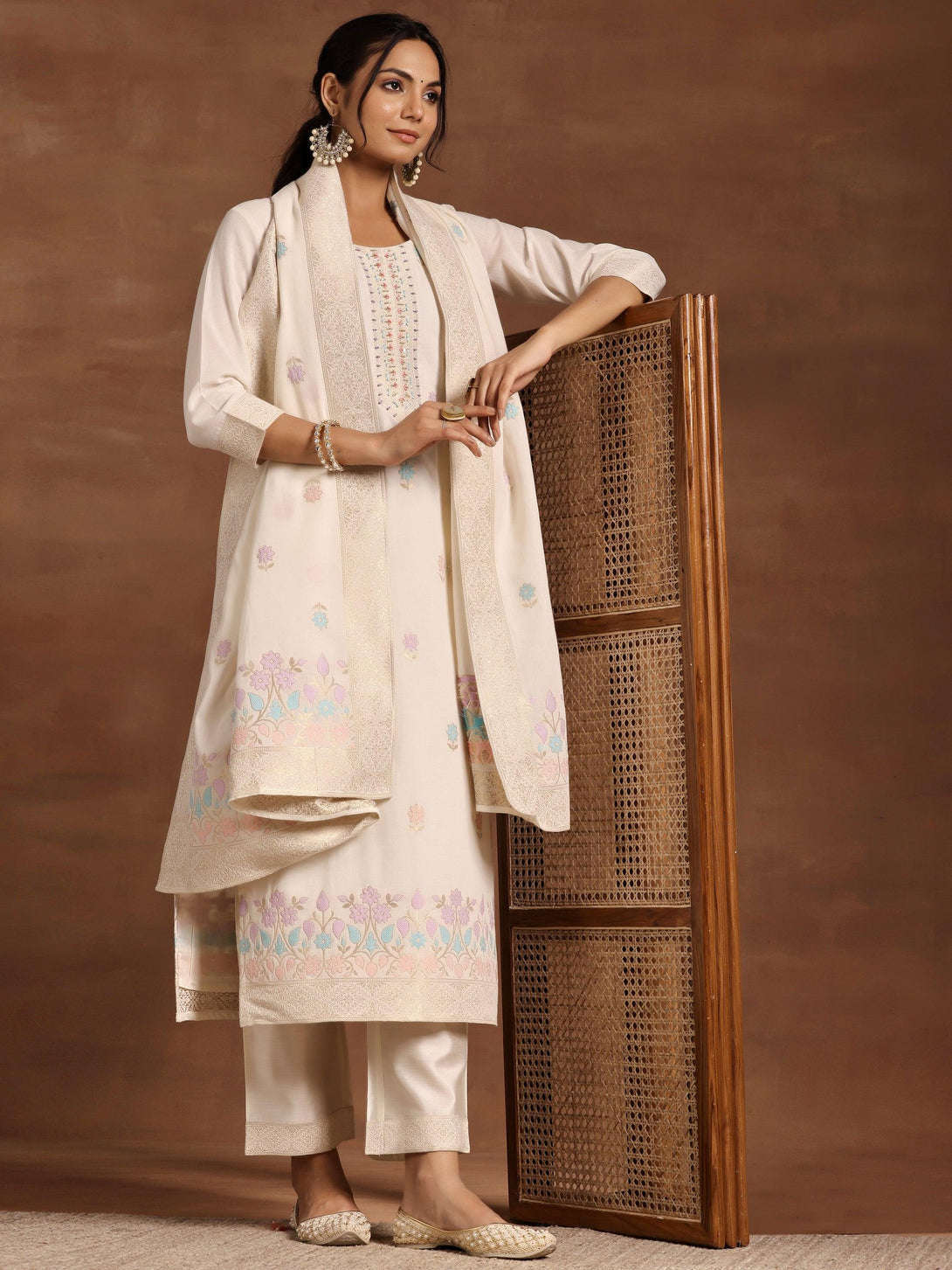 Off White Woven Design Linen Straight Suit With Dupatta - Jashvi