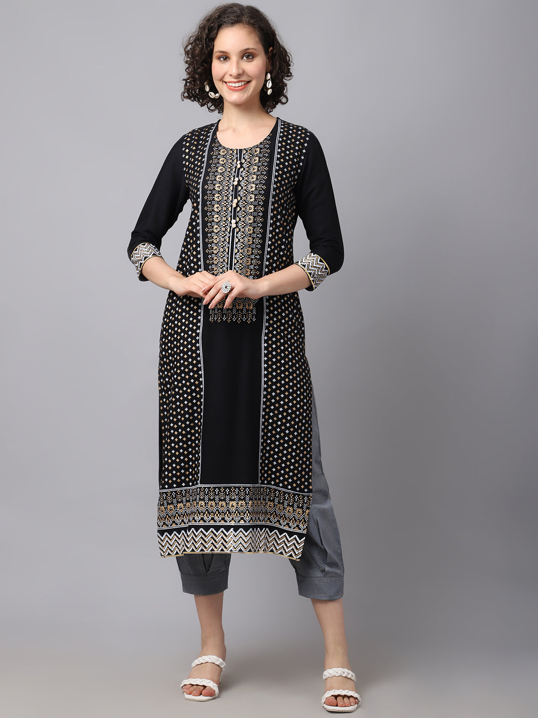 Women's Women Black Geometric Printed Kurta With Palazzo - Noz2Toz