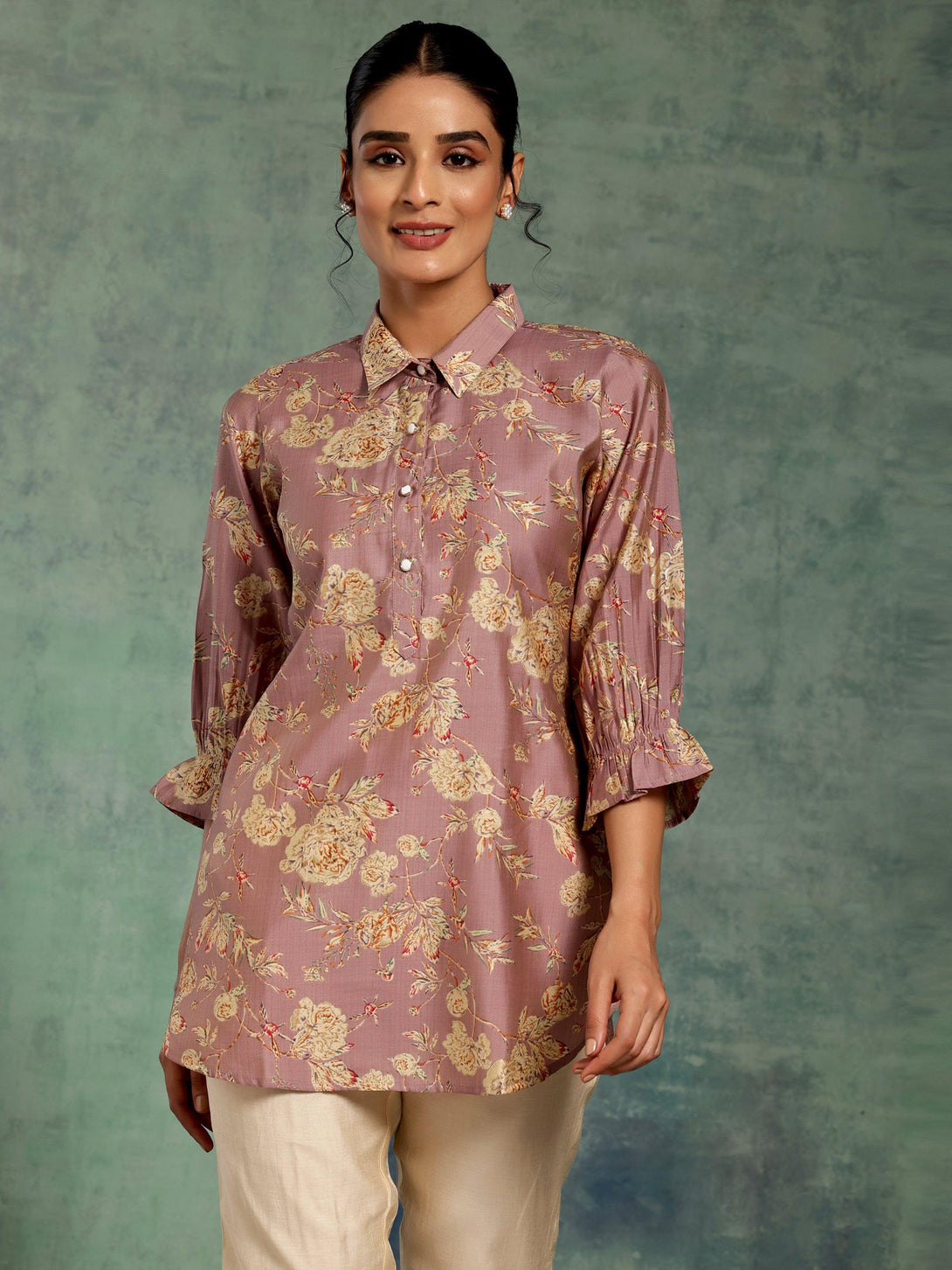 Mauve Printed Silk Blend Straight Kurti - Jashvi