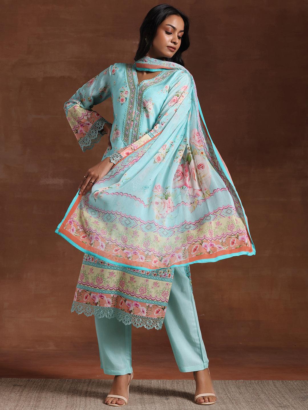 Turquoise Printed Silk Blend Straight Suit With Dupatta - Jashvi