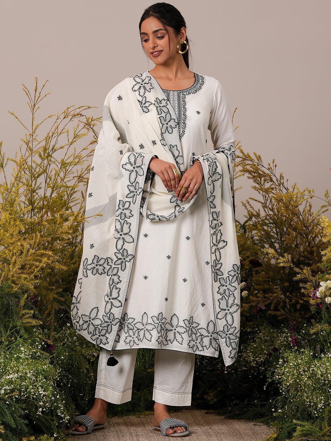 Off White Woven Design Cotton Straight Suit With Dupatta - Jashvi