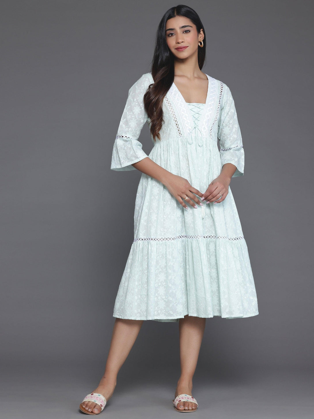 Sea Green Embroidered Cotton Fit and Flare Dress - Jashvi