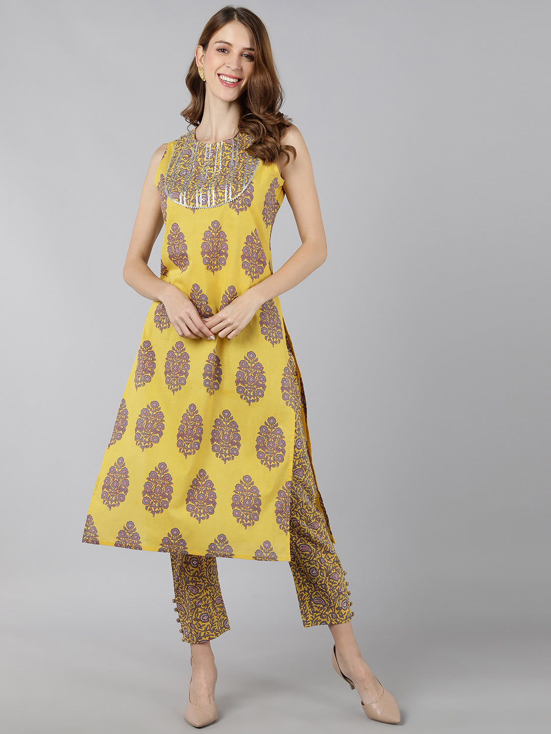 Women's Cotton Block Print Straight Kurta Pant Set (Lemon Yellow) - Kipek