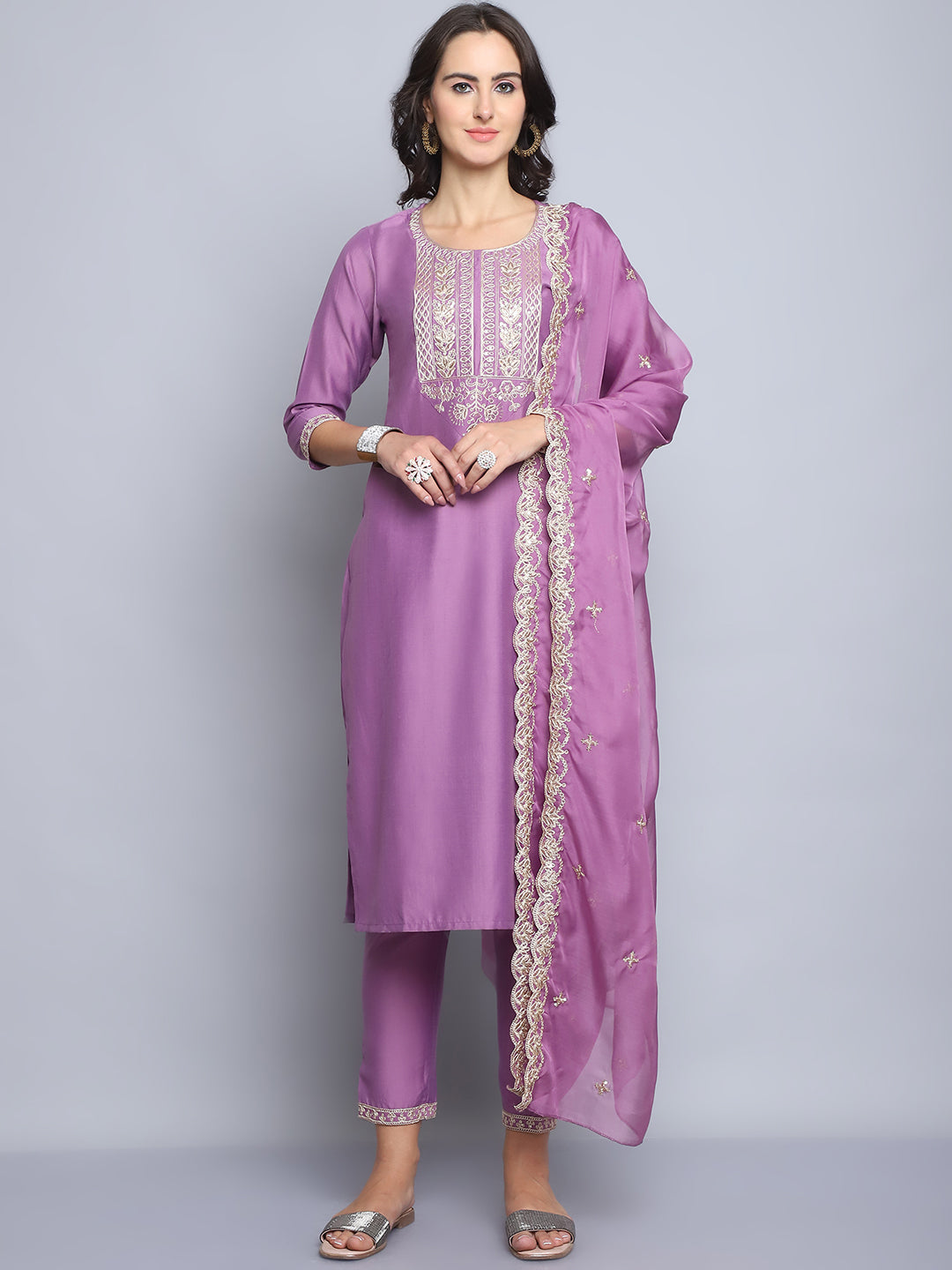 Women's Pink Embroidery Silk Kurta And Pant Set With Dupatta - Alvami