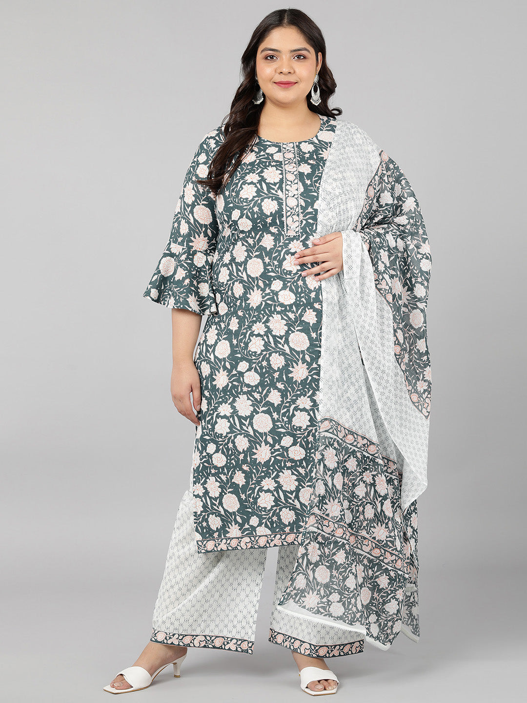 Women's Cotton Floral Print Straight Kurta Set (Blue) - Kipek