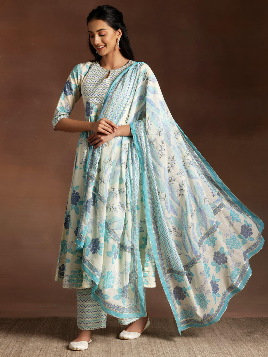 Turquoise Printed Cotton Anarkali Suit With Dupatta - Jashvi