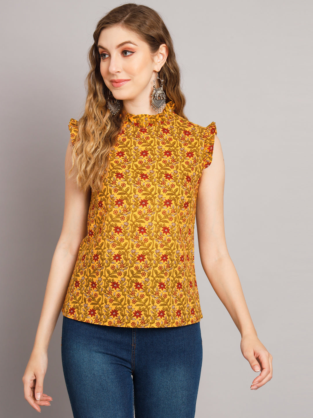 Women's Mustard Floral Cotton Sleeveless Top - Deckedup