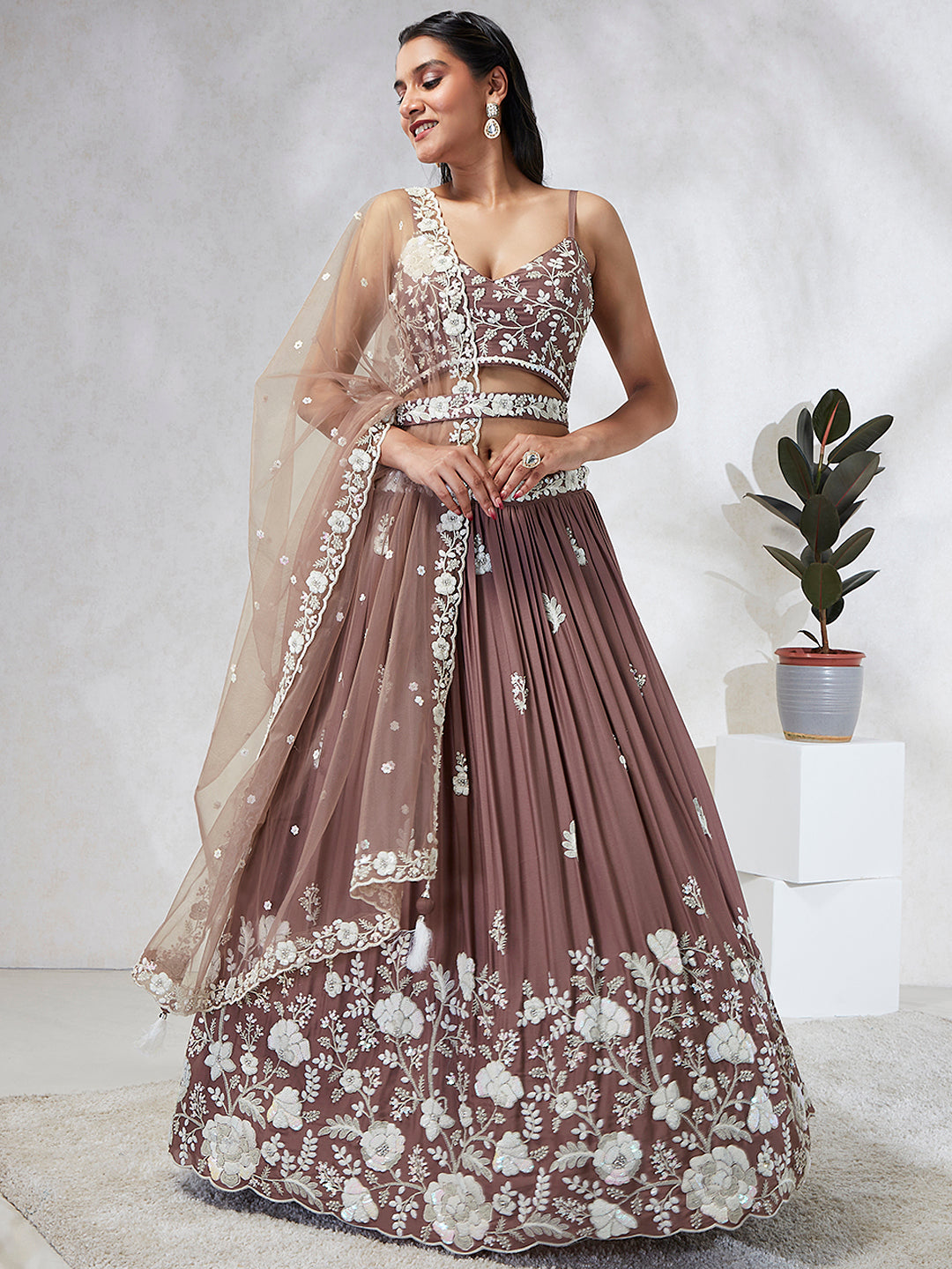 Women's Brown Pure Georgette Sequins And Thread Embroidery  Lehenga Choli & Dupatta - Royal Dwells