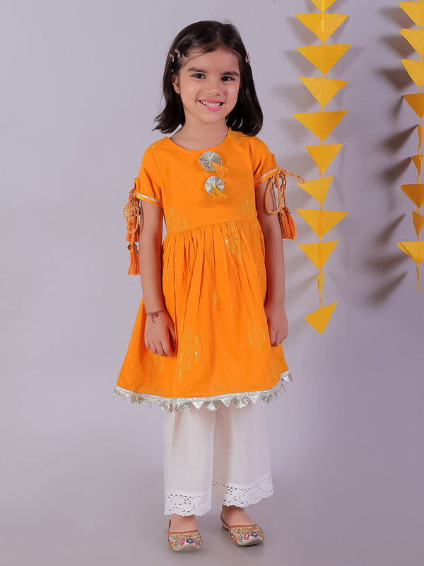 Girl's Orange Cotton Embroided Kurta Pyjama Set - Lil Drama