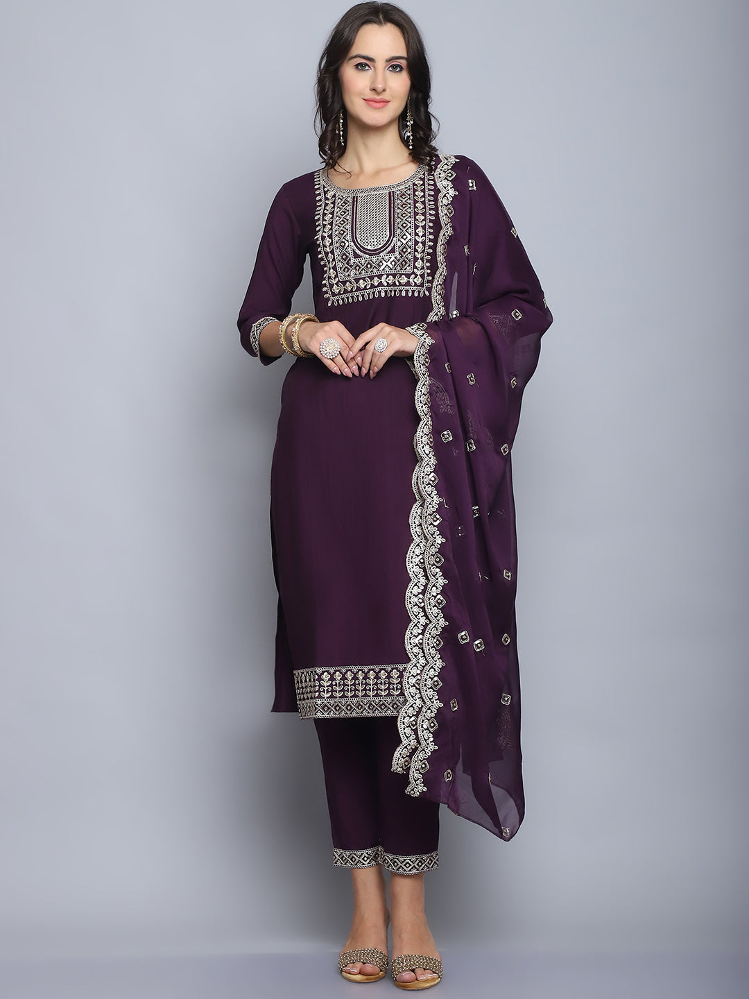 Women's Wine Embroidery Silk Kurta And Pant Set With Dupatta - Alvami