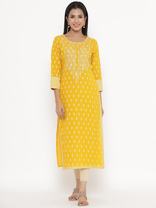 Women's Self Desgin Rayon Fabric Straight Kurta Yellow Color - Kipek