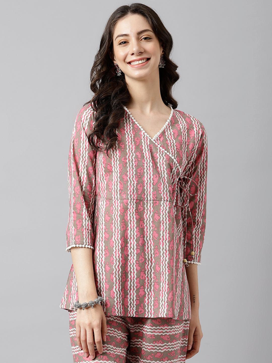 Women's Pink And White Stripe Printed Cotton Wrap Top - Deckedup