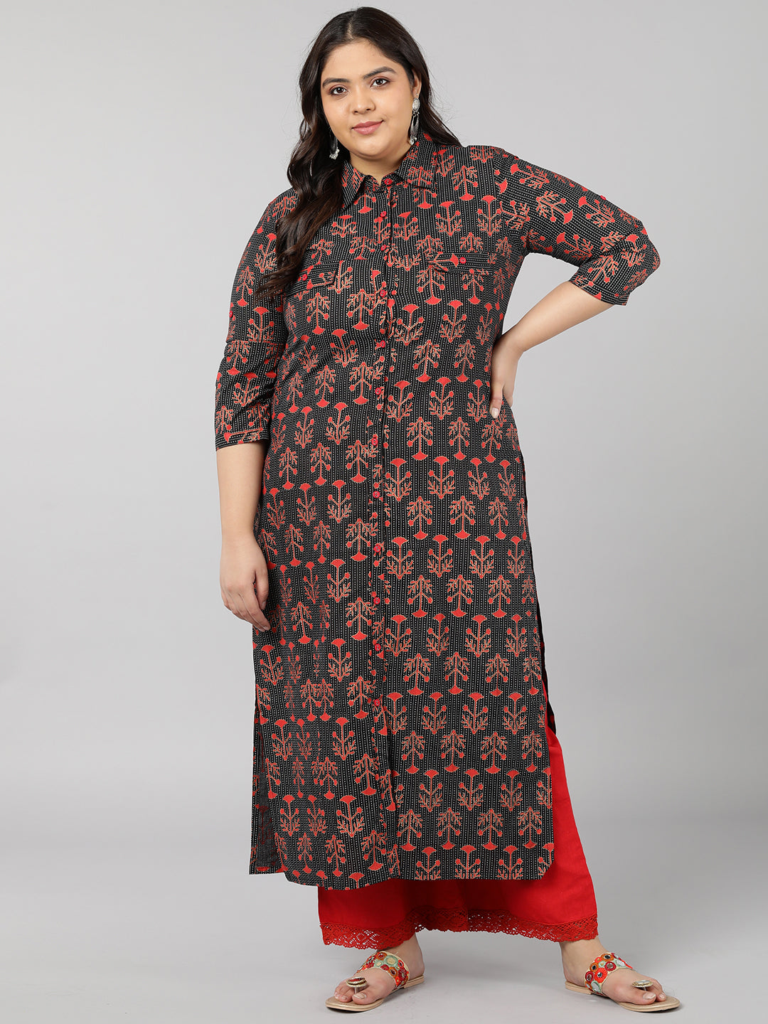 Women's Cotton Printed A-Line Kurta (Black) - Kipek