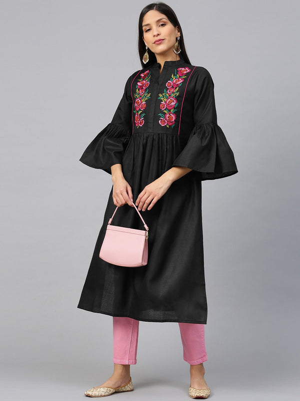 Women's Black & Pink Floral Embroidered Yoke Design Straight Kurta - Bhama Couture