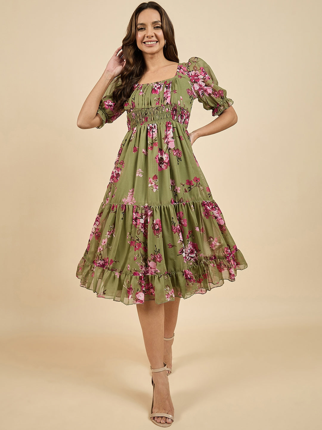 Women's Green Georgette Floral Printed Three Tiered Dress - Azira