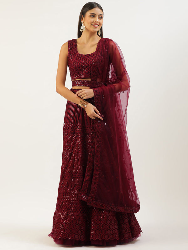 Women's Maroon Net Sequinse Work Fully-Stitched Lehenga & Stitched Blouse, Dupatta - Royal Dwells